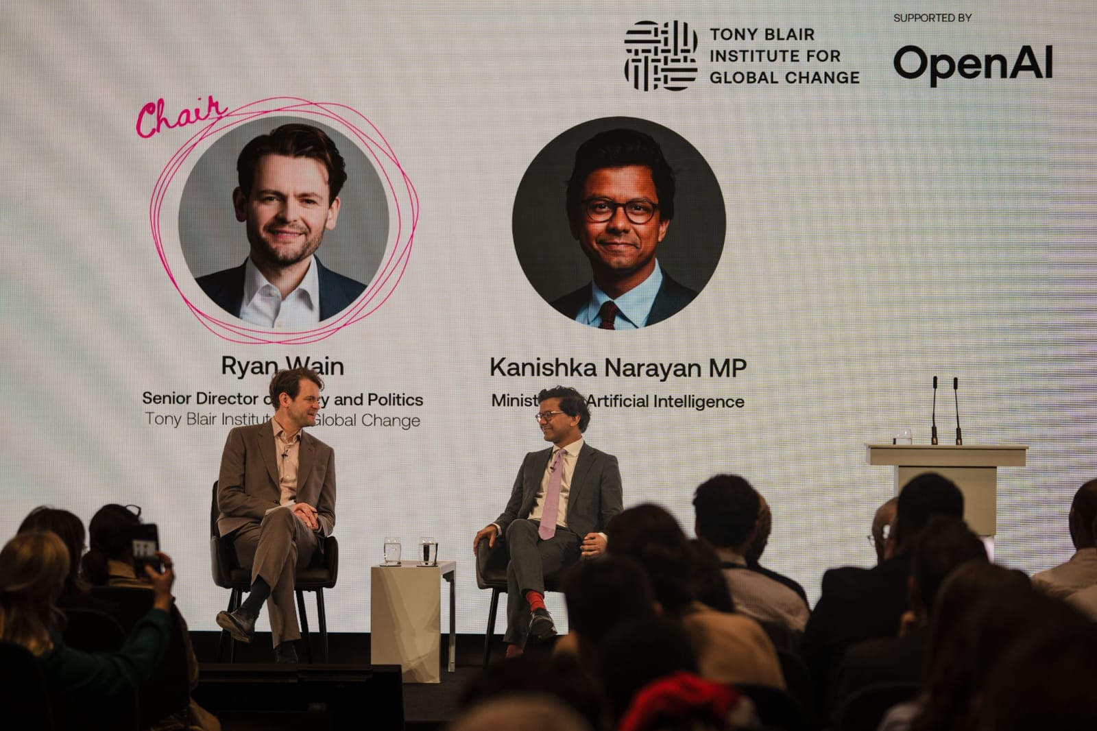 Ryan Wain chairing a conversation on stage with Kanishka Narayan MP, Minister for Artificial Intelligence